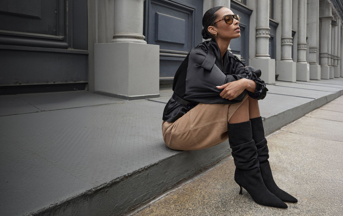 Editorial banner featuring model wearing Kitten Heel Boots