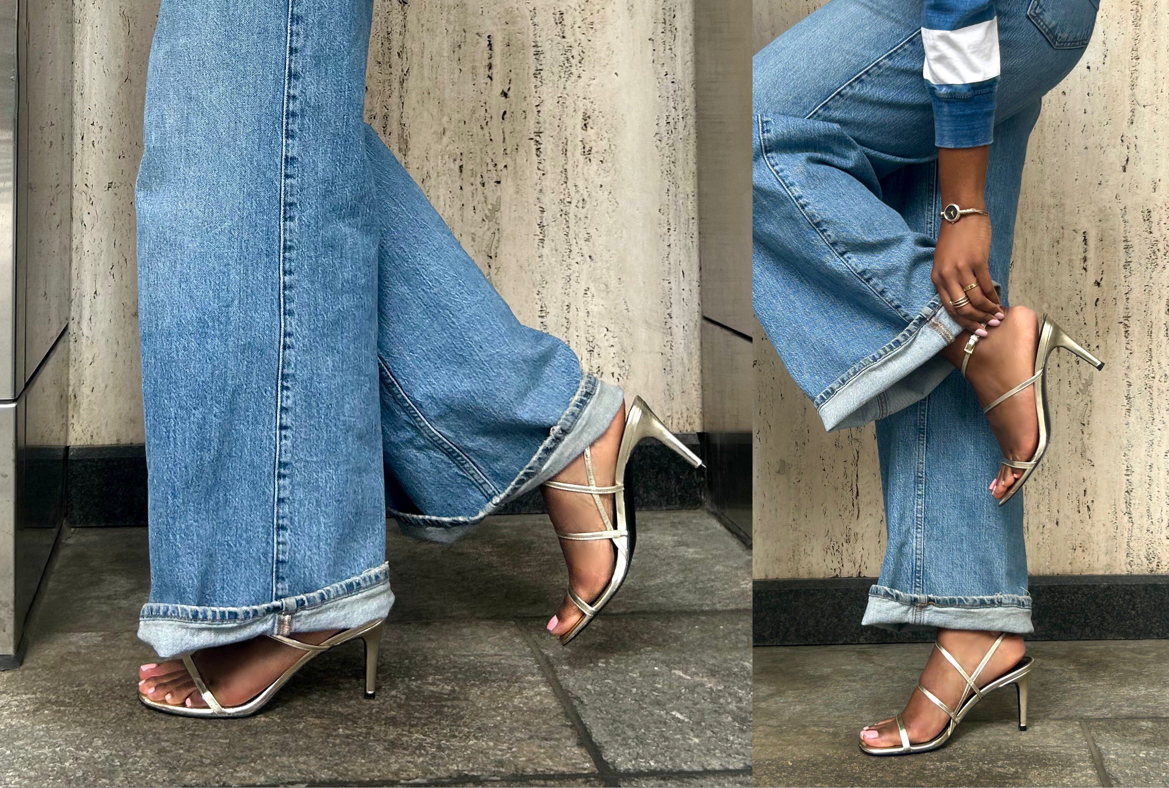 Model wearing Denzi Strappy Leather Sandal