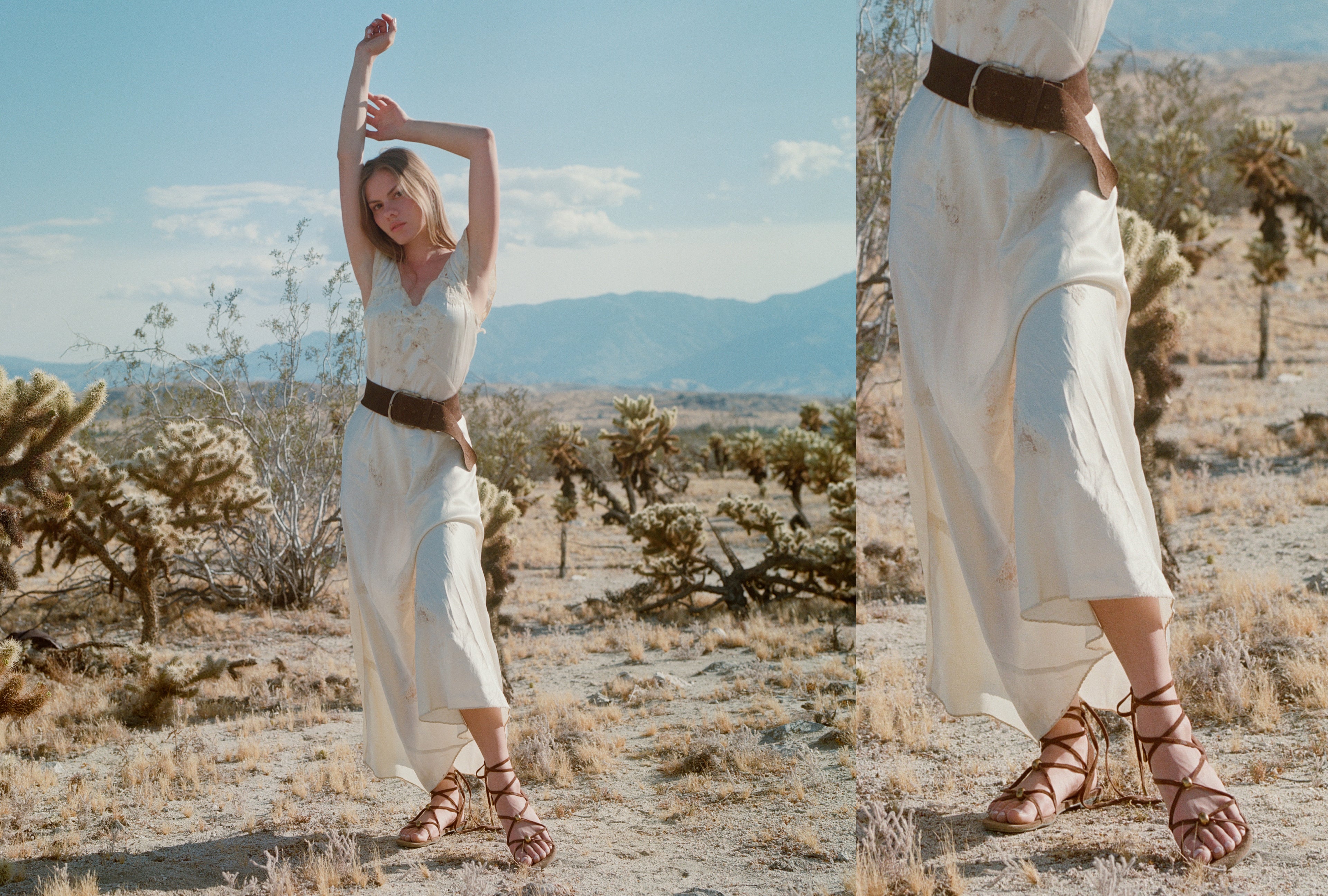 Model wearing Ellan Ankle Wrap Leather Sandal