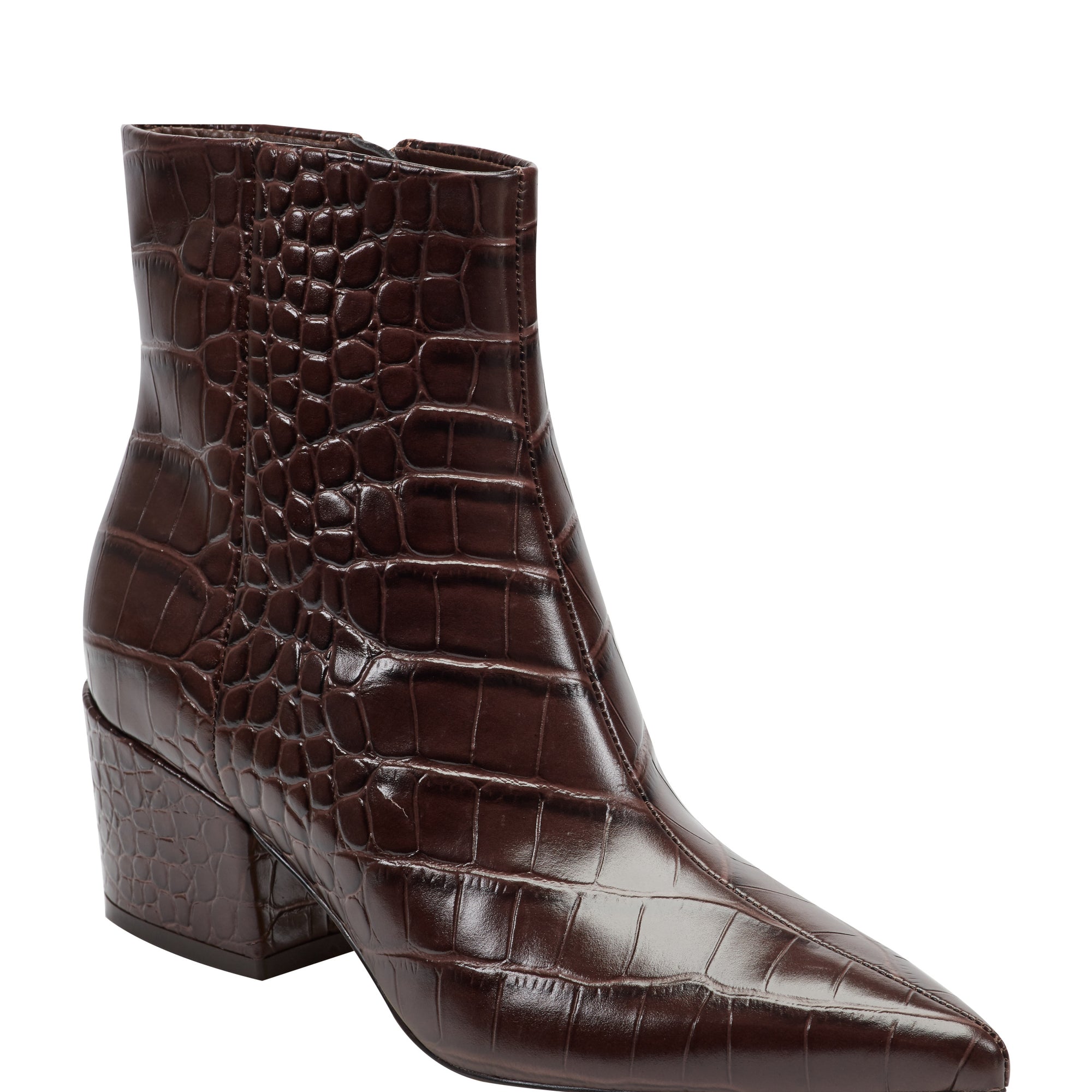 Alfie Block Heel Leather Ankle Bootie - 6 / M / Embossed Croco Dark Brown Leather Alfie Block Heel Leather Ankle Bootie - 6 / M / Embossed Croco Dark Brown Leather