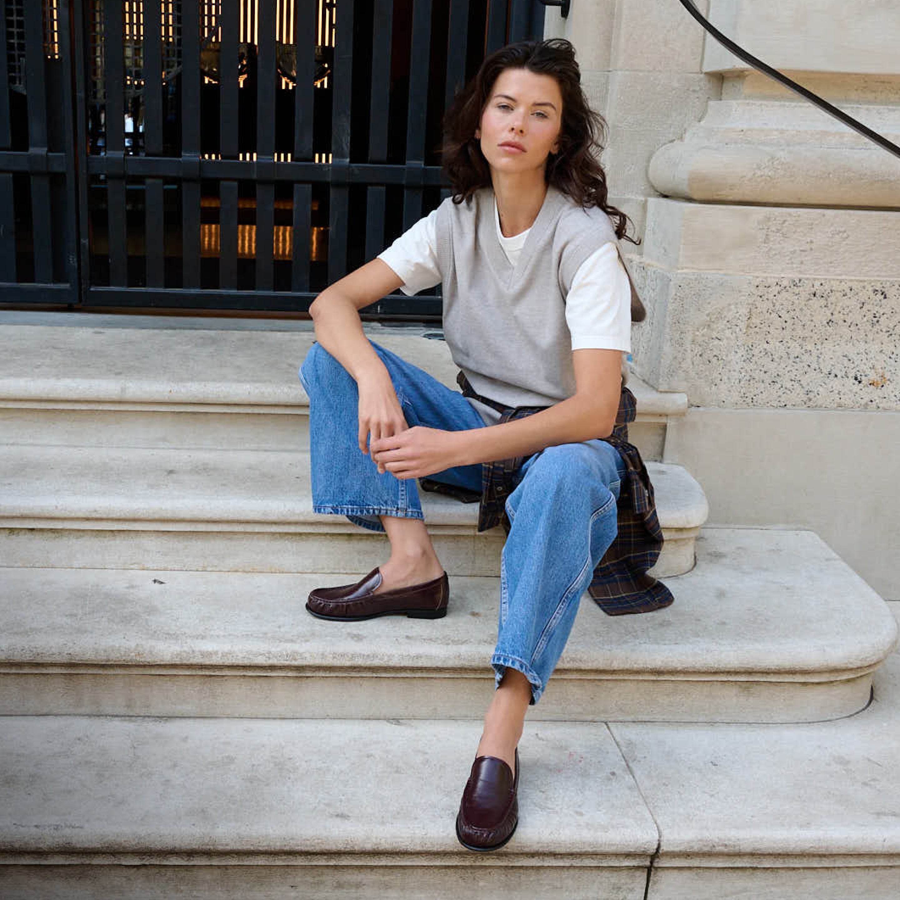 Editorial banner featuring model wearing loafers