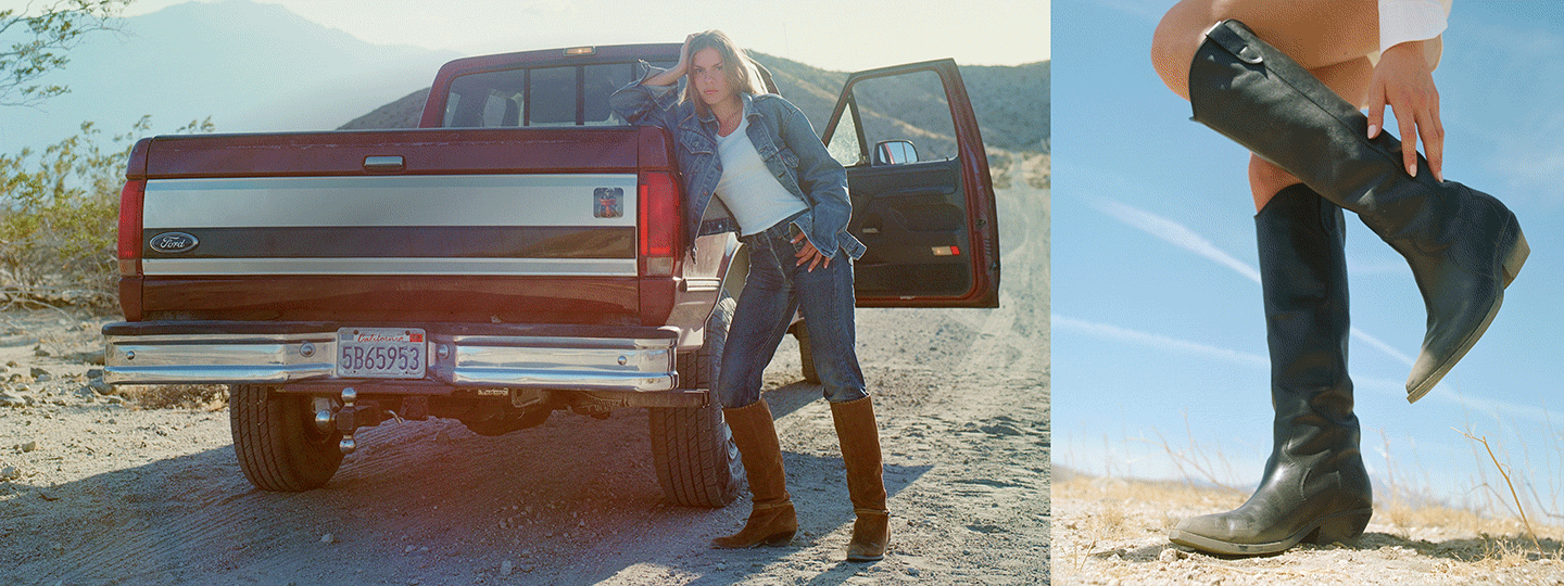 Editorial banner featuring model wearing boots