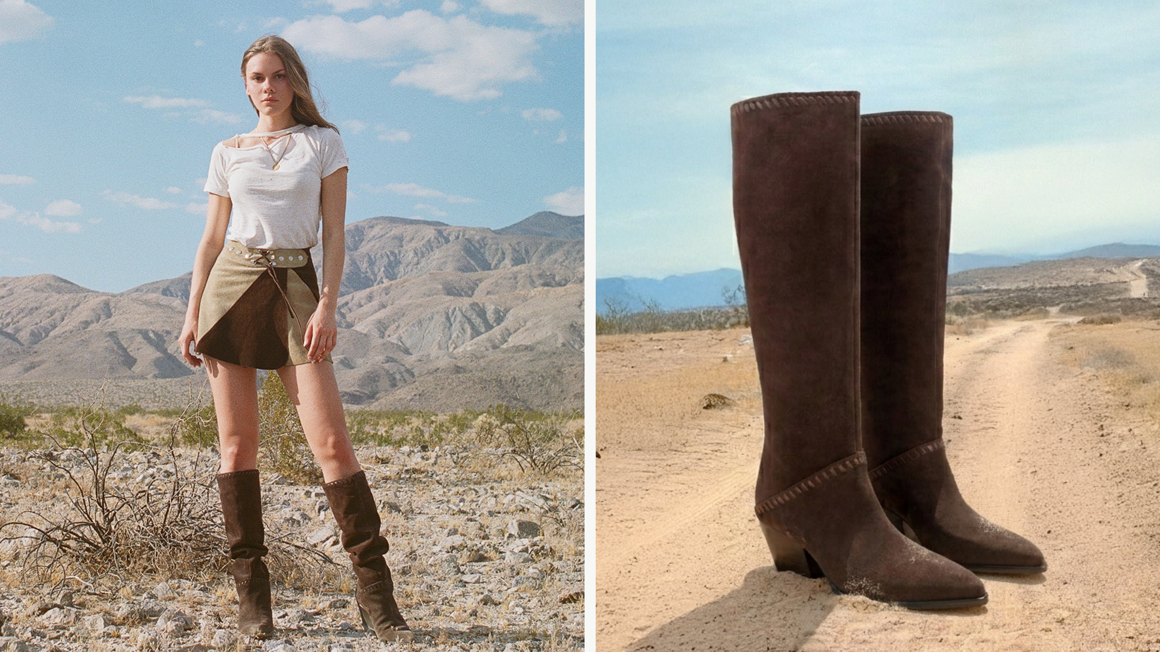 Editorial banner featuring model wearing Tayla Block Heel Leather Boot