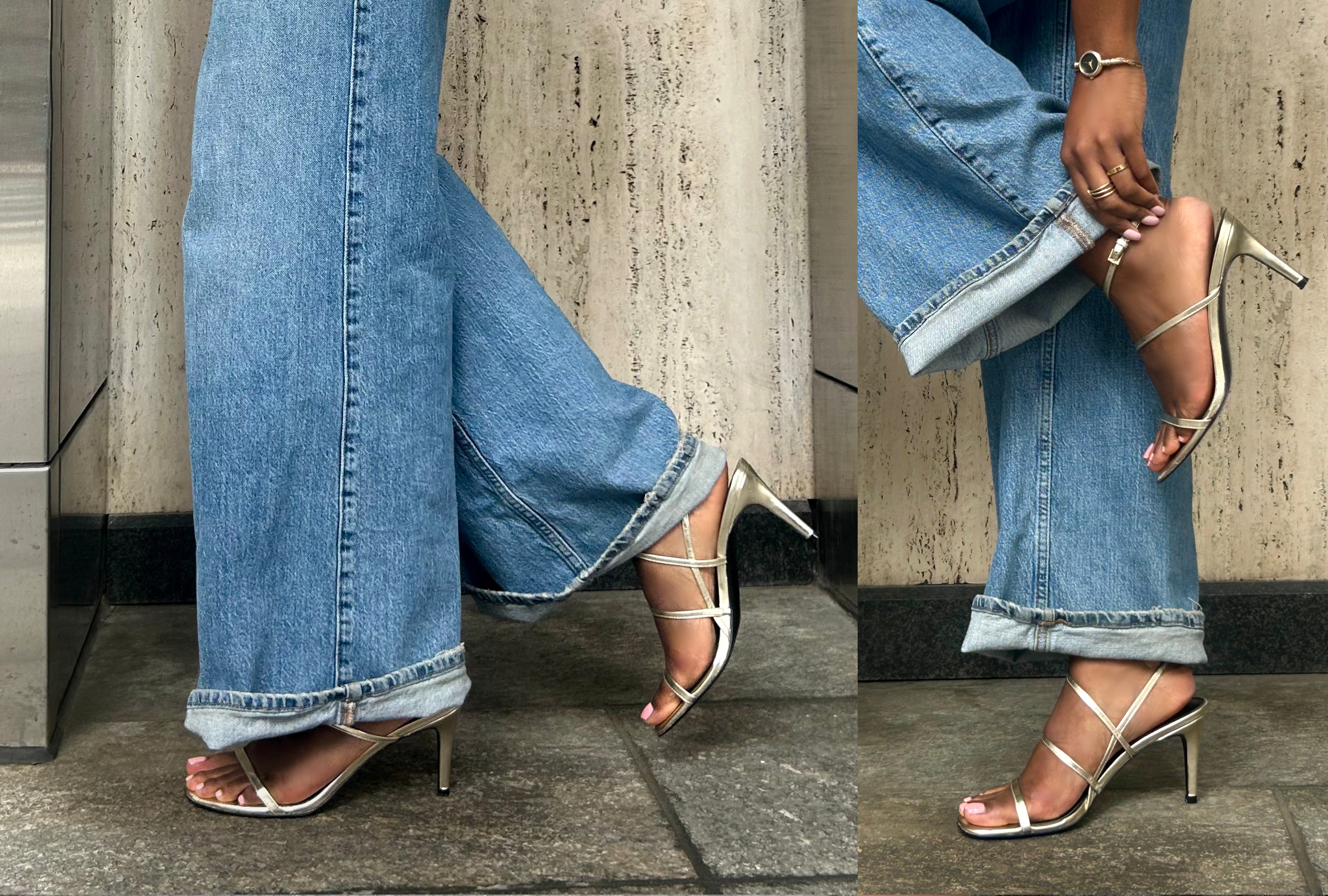 Model wearing Denzi Strappy Leather Sandals