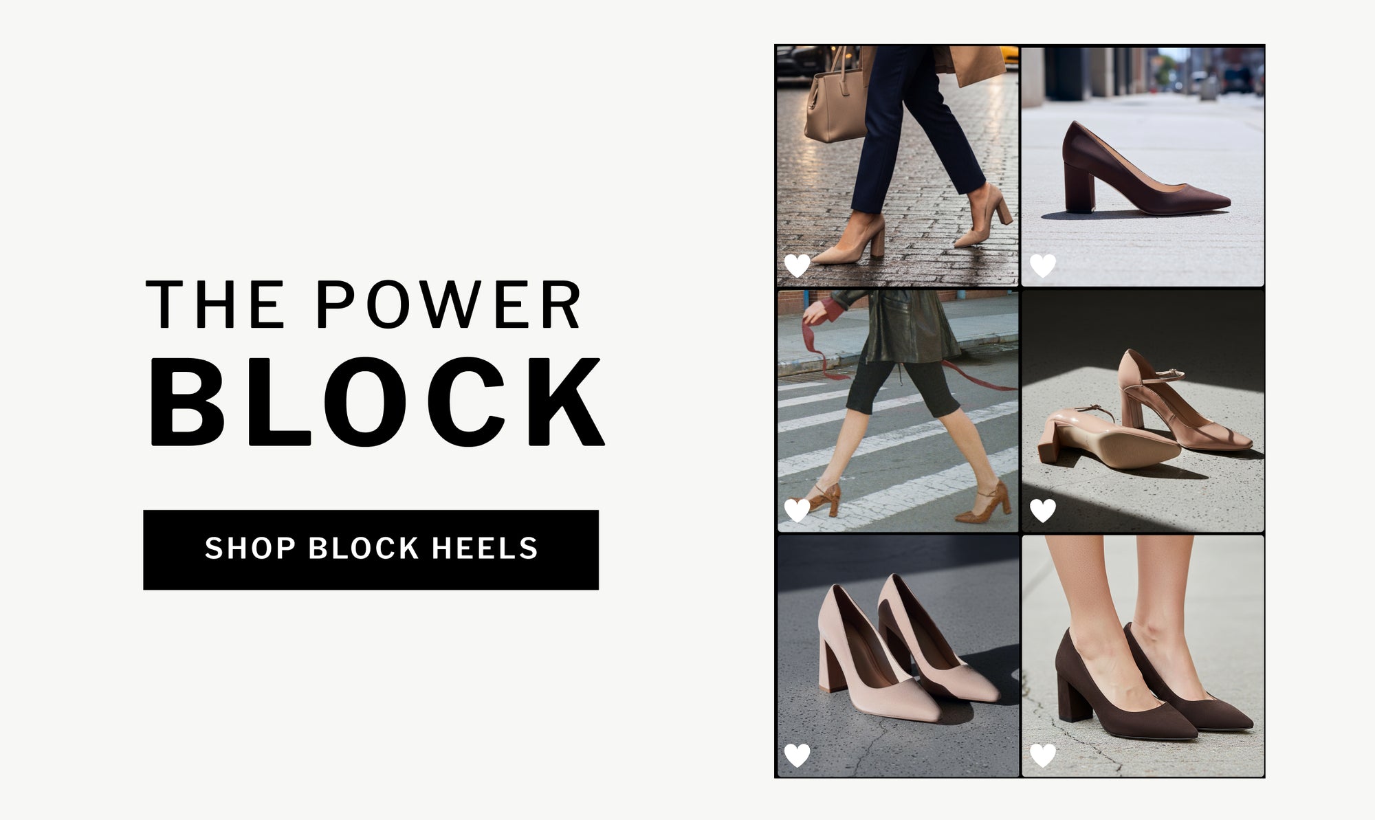 Editorial banner featuring block heels styles
