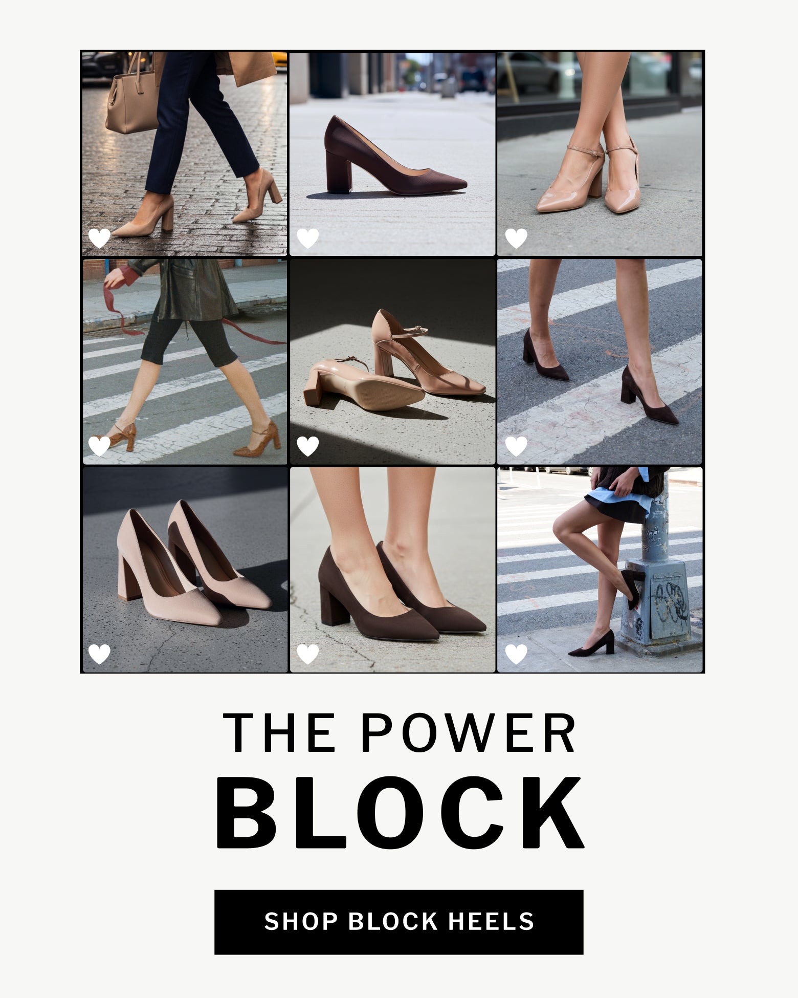 Editorial banner featuring block heels styles