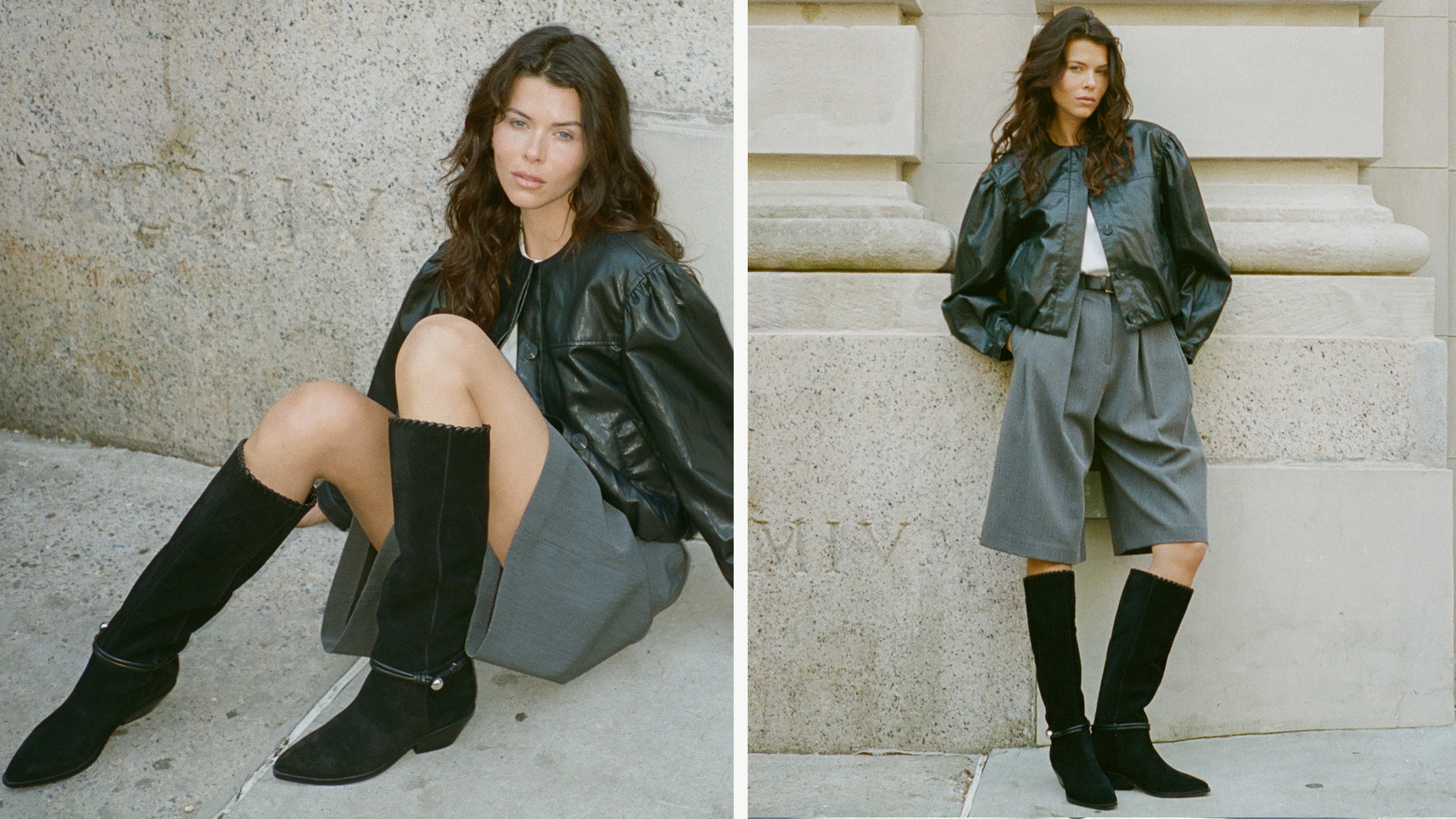 Editorial banner featuring model wearing Ainsley Boots
