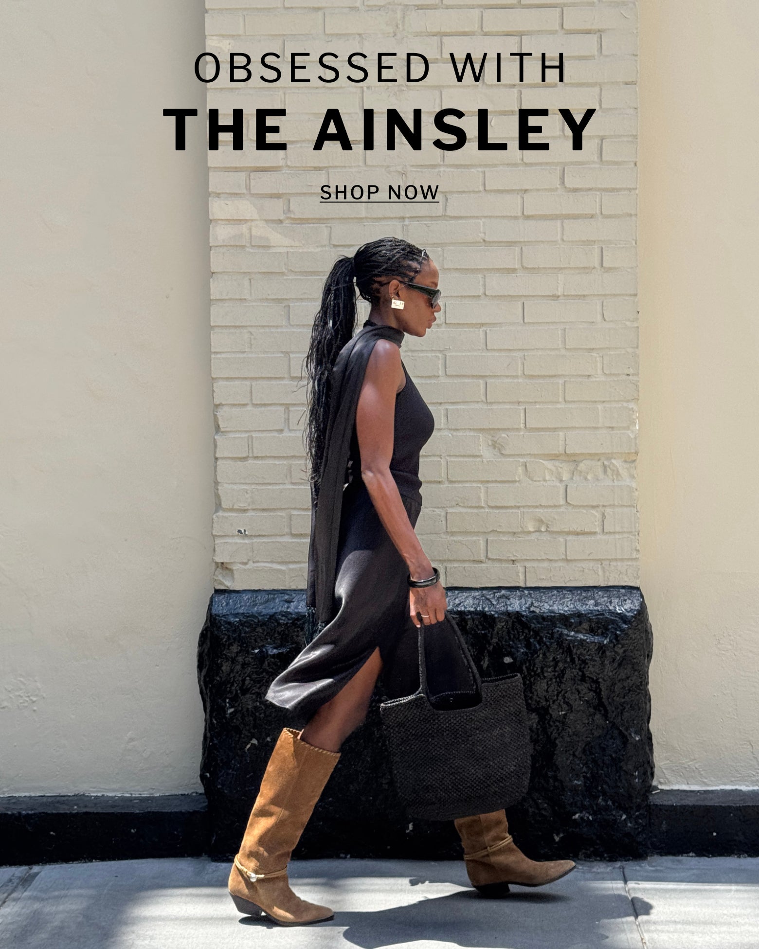 Editorial banner featuring model wearing Ainsley Boots
