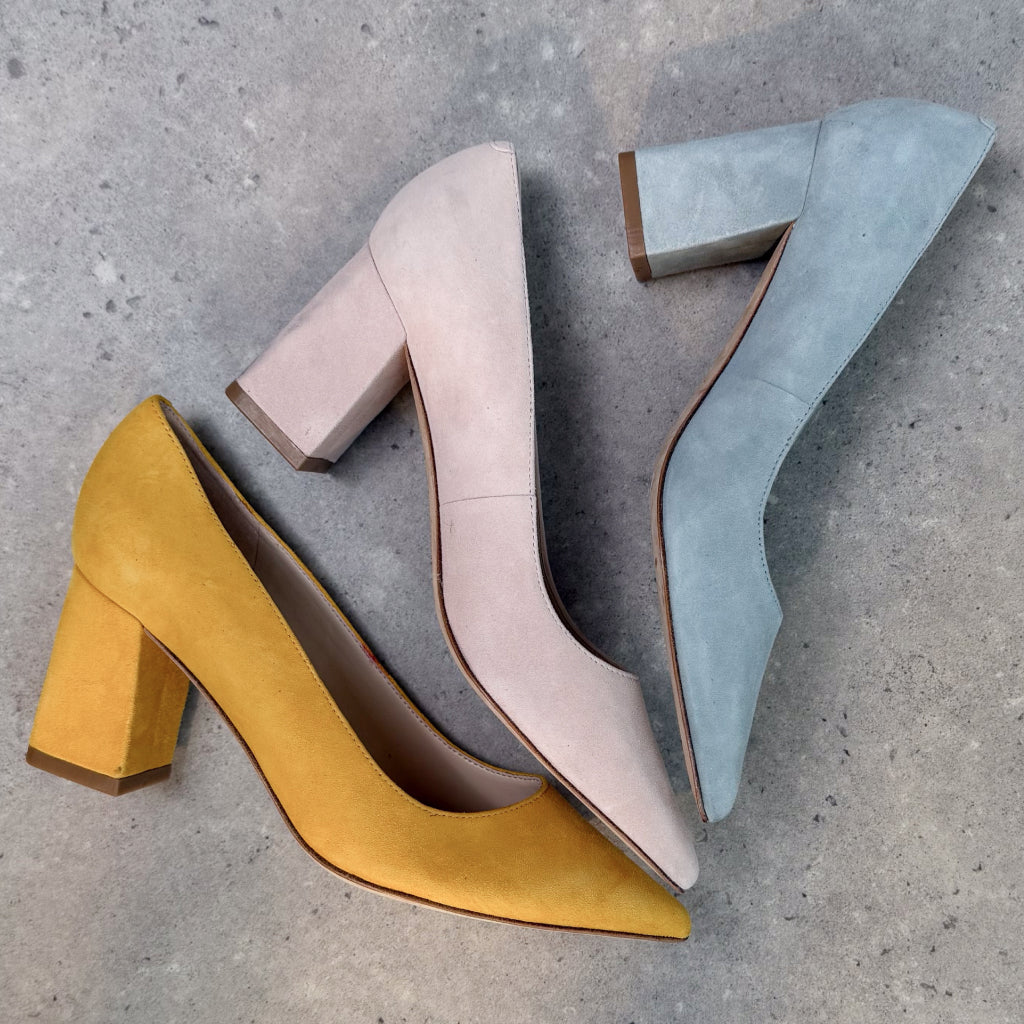Women's Zala Block Heel Pointy Toe Pump - Yellow Suede | Marc