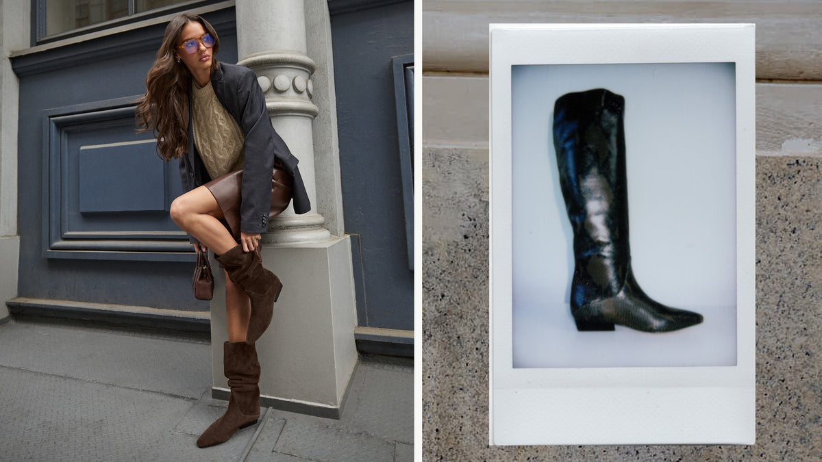 Editorial banner featuring model wearing Dalli Leather Flat Boot