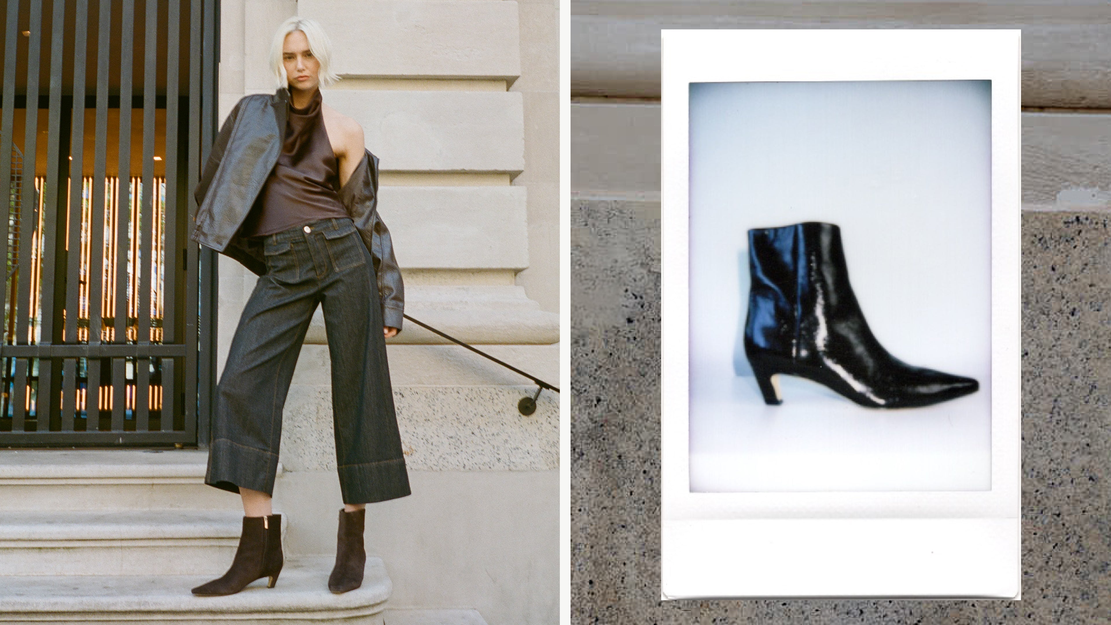 Editorial banner featuring model wearing Danai Kitten Heel Leather Ankle Bootie