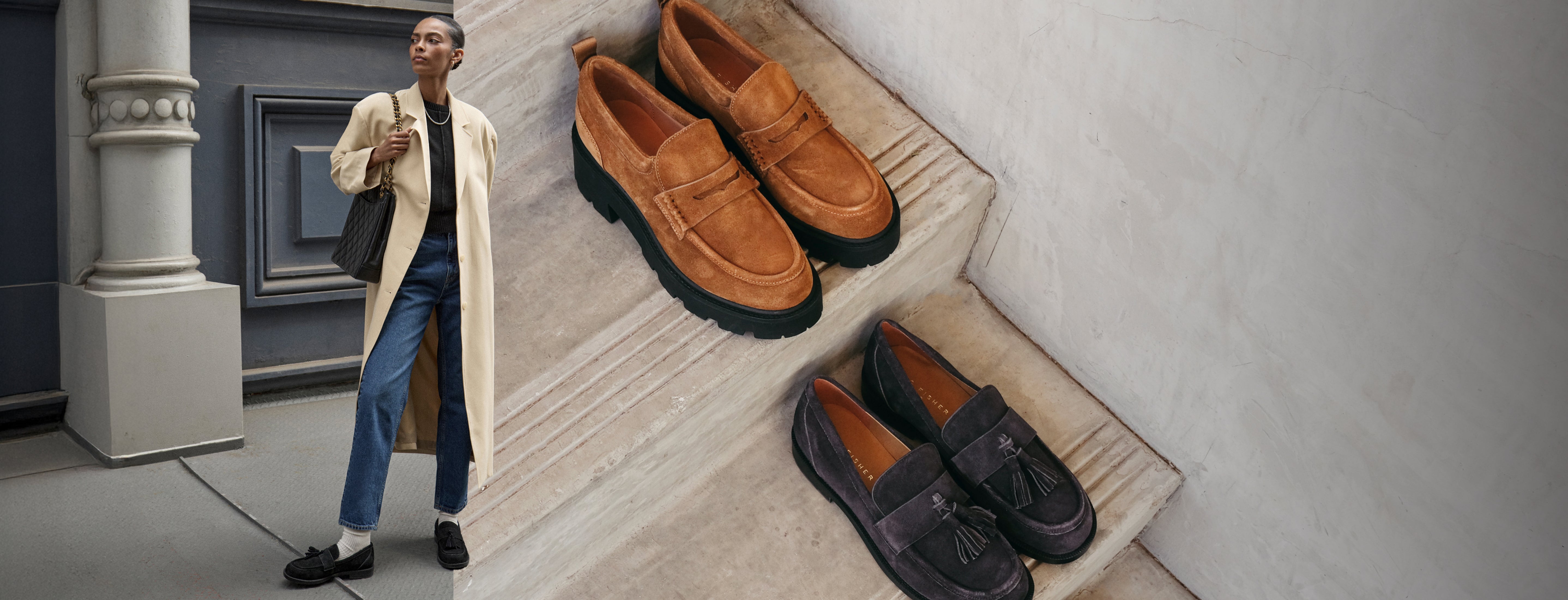 Editorial banner featuring model wearing loafers