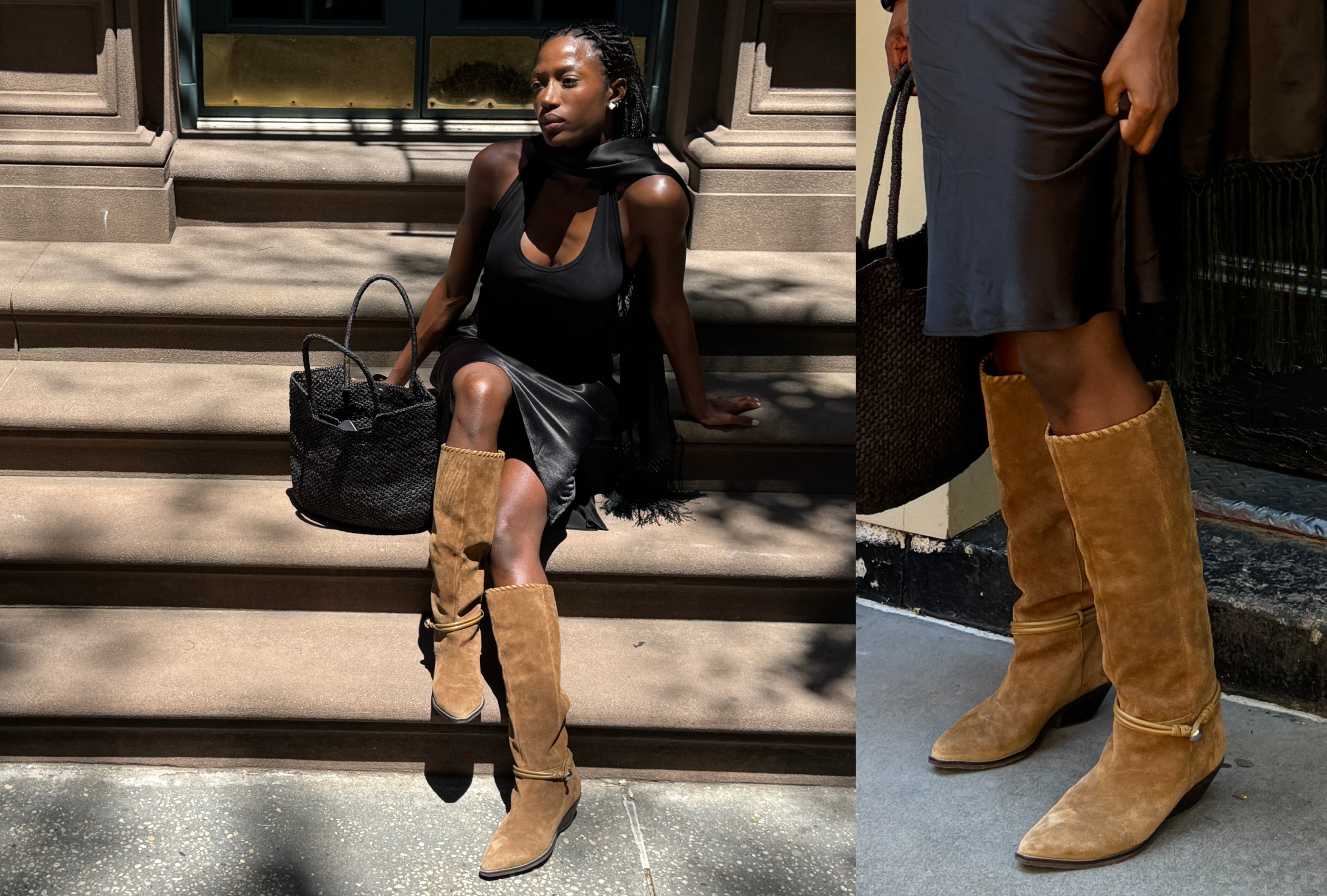 Editorial banner featuring model wearing Ainsley Detailed Leather Boot