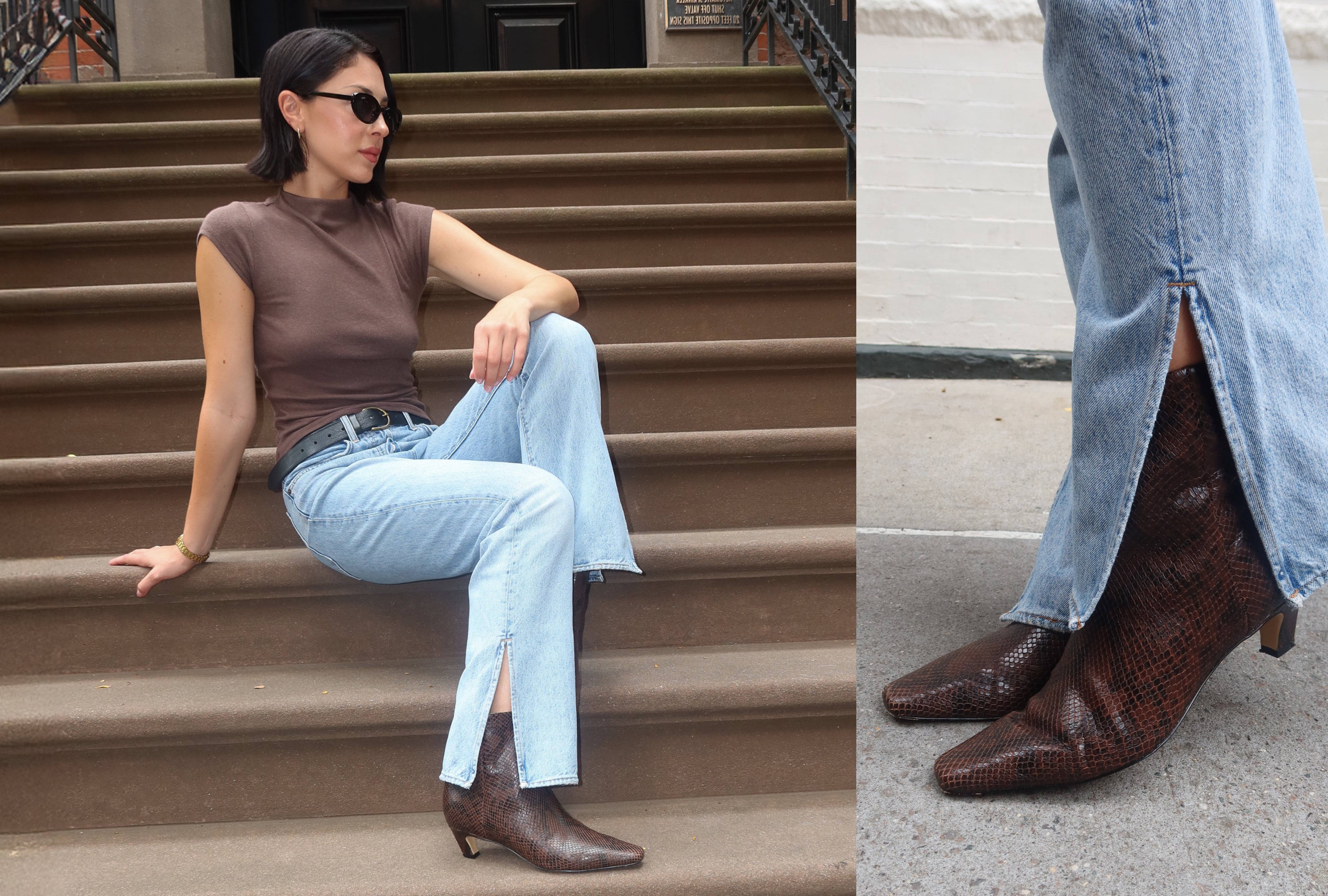 Editorial banner featuring model wearing Danai Kitten Heel Leather Ankle Bootie