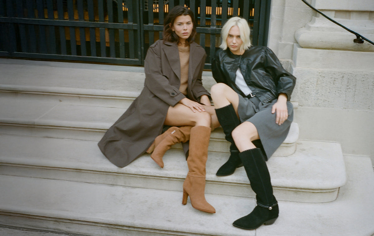 Editorial banner featuring models wearing boots