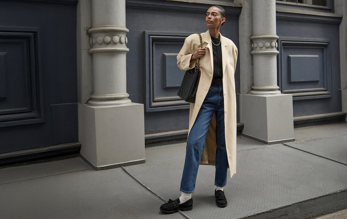 Editorial banner featuring model wearing loafers