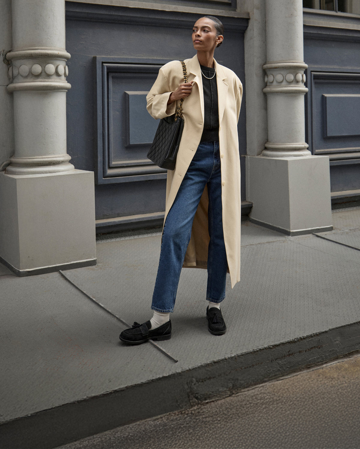 Editorial banner featuring model wearing loafers