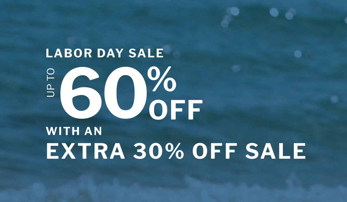 Labor Day sale promotional graphic with large white text reading 'UP TO 60% OFF WITH AN EXTRA 30% OFF SALE' over a blurred blue water background.