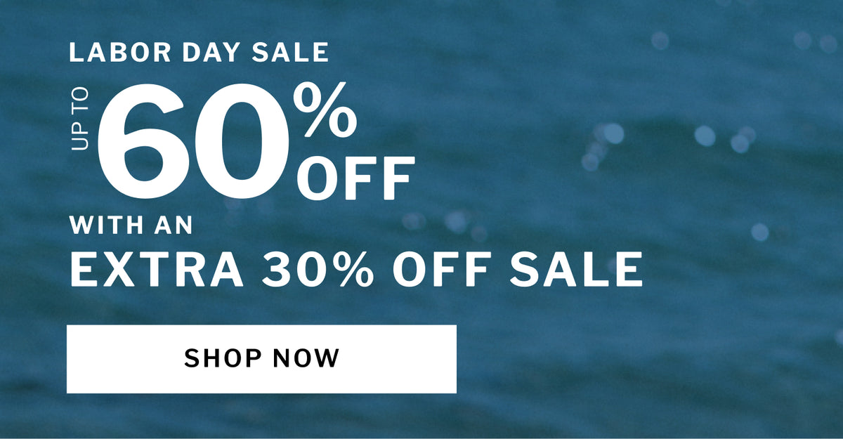 Labor Day sale promotional banner with large white text reading 'UP TO 60% OFF' and 'WITH AN EXTRA 30% OFF SALE' over a blue water background, with a white 'SHOP NOW' button at the bottom.