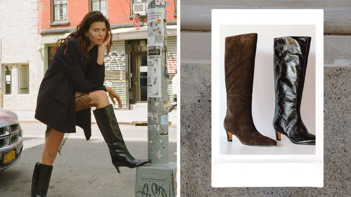 Editorial banner featuring model wearing Erynn Leather Knee High Boot