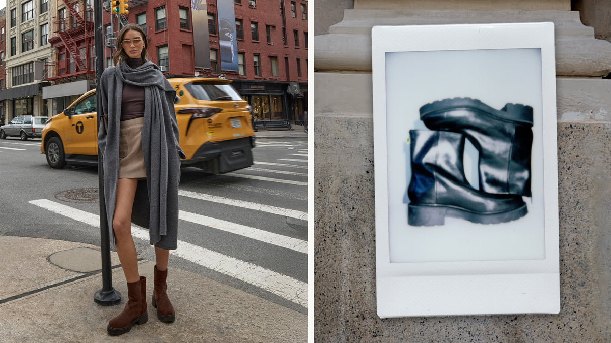 Editorial banner featuring model wearing Shylina Leather Lug Sole Bootie