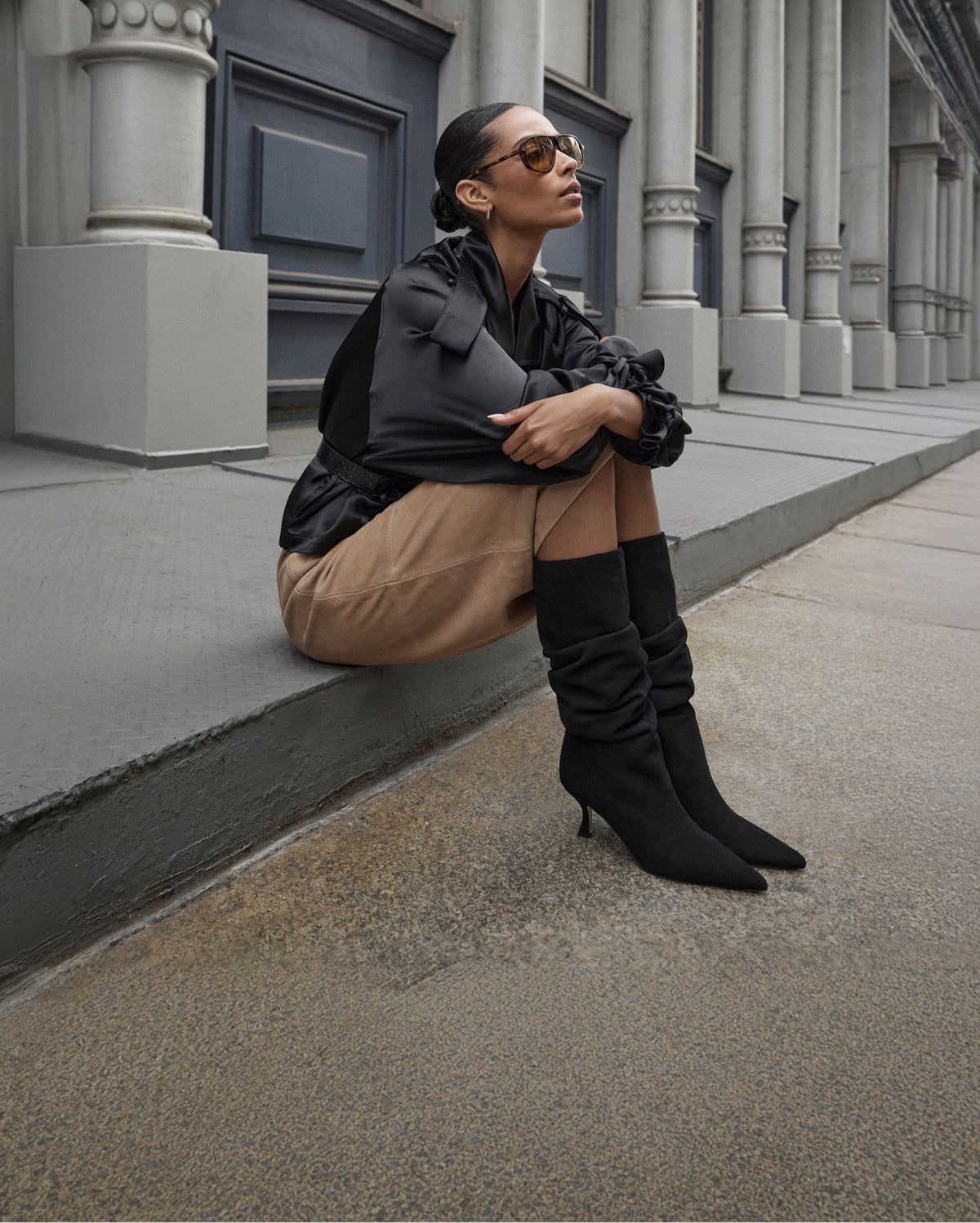 Editorial banner featuring model wearing Kitten Heel Boots