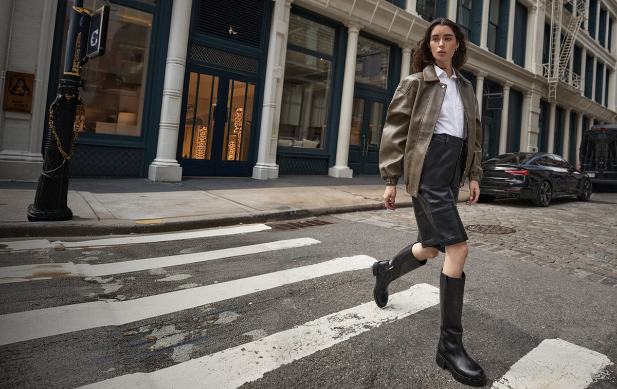 Editorial banner featuring model wearing Lug Sole Boots