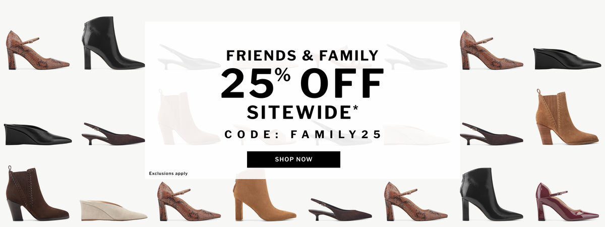 A promotional banner for Marc Fisher Footwear LTD featuring a central text overlay that reads 'FRIENDS & FAMILY 25% OFF SITEWIDE* CODE: FAMILY25' with a 'SHOP NOW' button. The background is white, flanked by rows of various women's ankle boots and slingback heels in multiple colors including black, brown, beige, and pink. Exclusions Apply