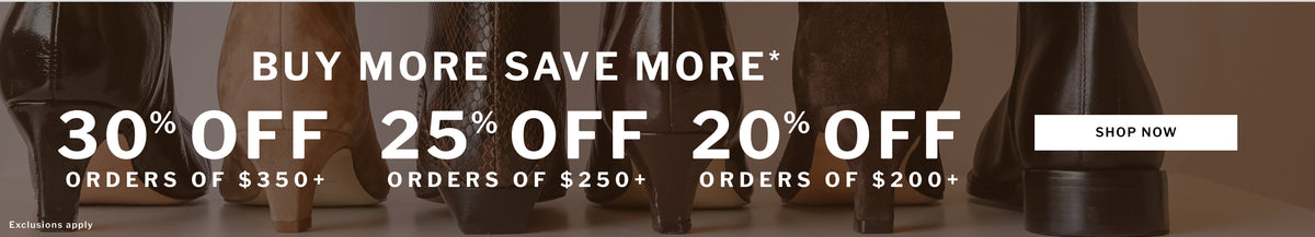 Promotional banner with text reading 'BUY MORE SAVE MORE' and discount thresholds for 30% off, 25% off, and 20% off, alongside a white 'SHOP NOW' button. Partial views of brown leather boots are visible in the background.