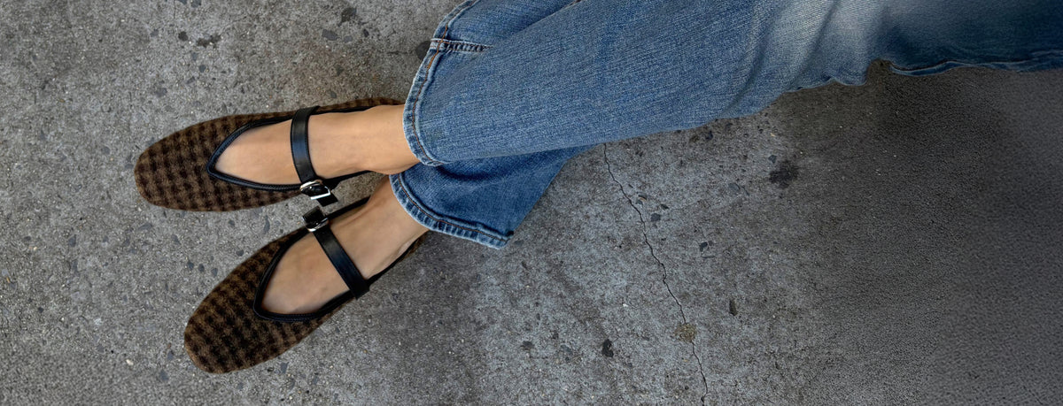Editorial banner featuring model wearing flats