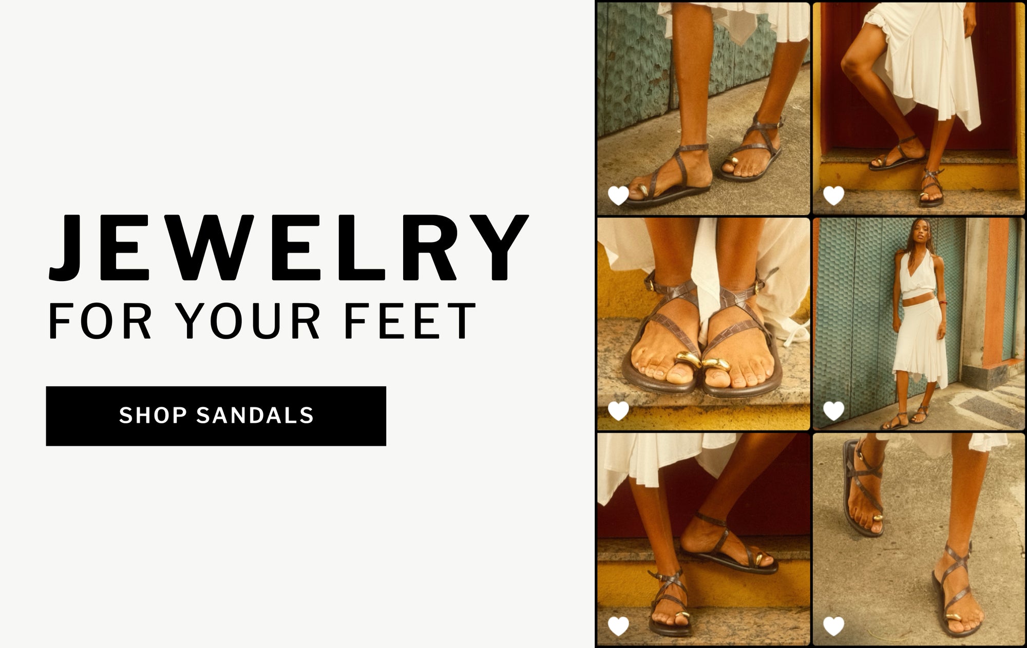 editorial banner featuring metal details sandals collection