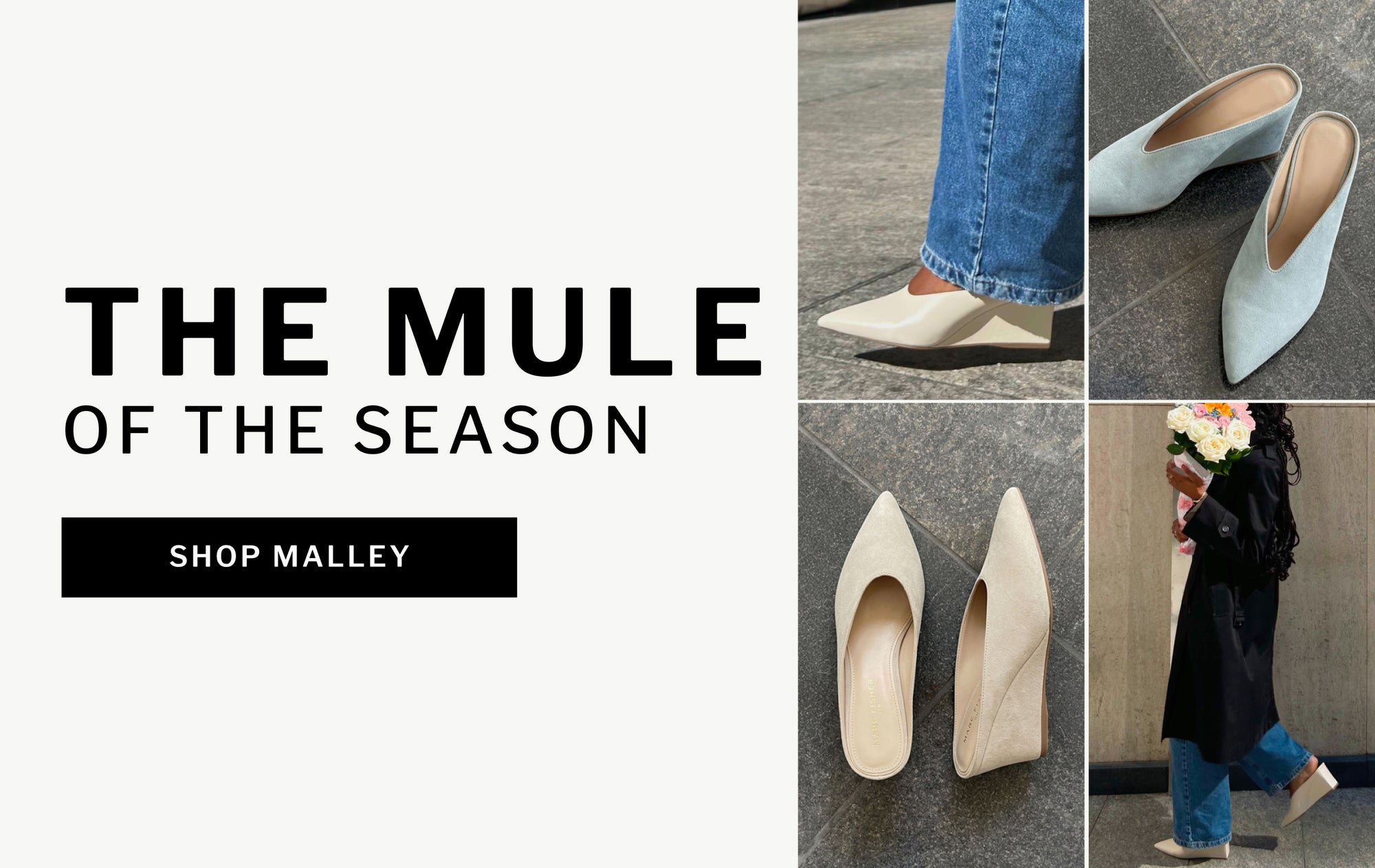 editorial banner featuring malley leather wedge mule