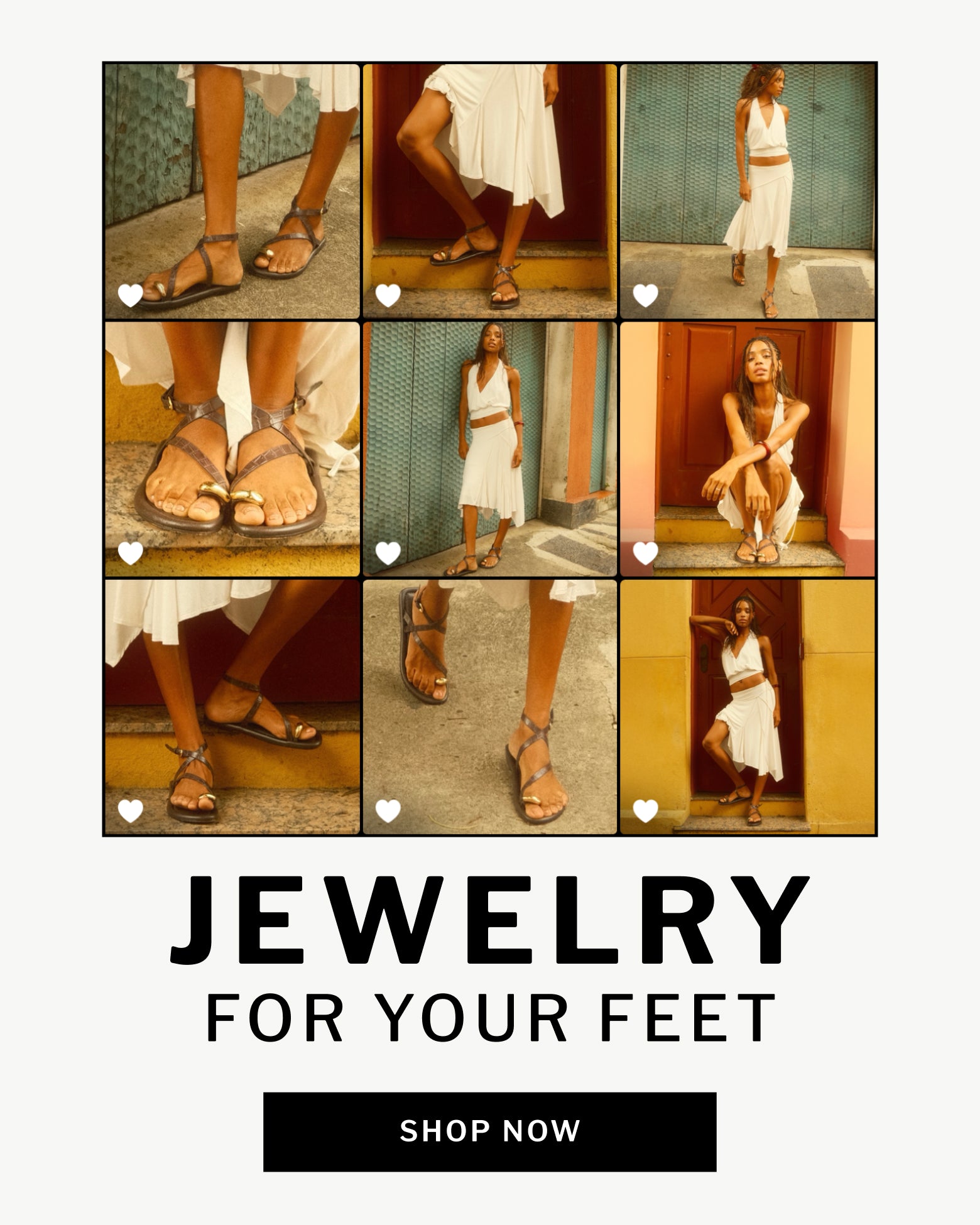 editorial banner featuring metal details sandals collection