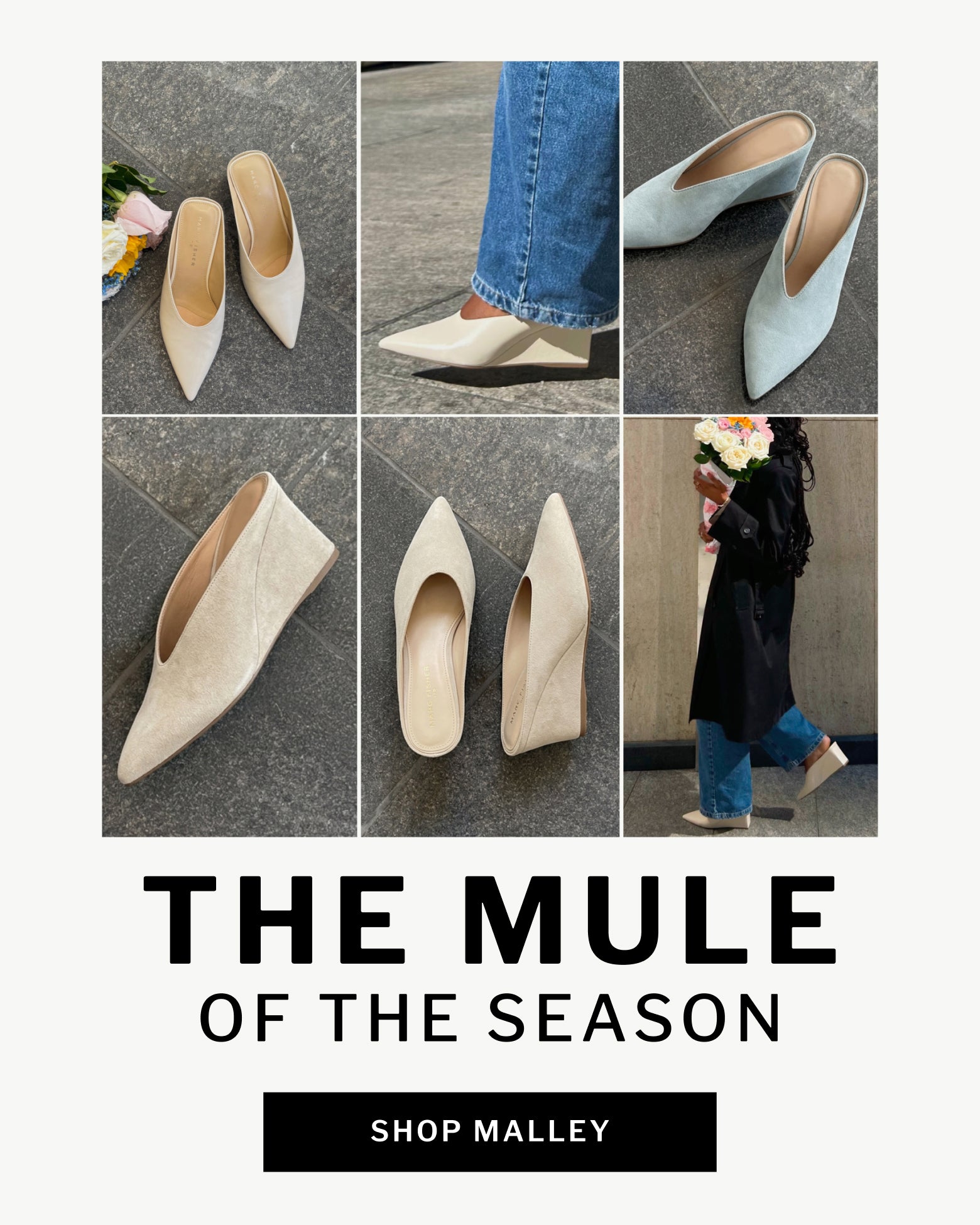 editorial banner featuring malley leather wedge mule