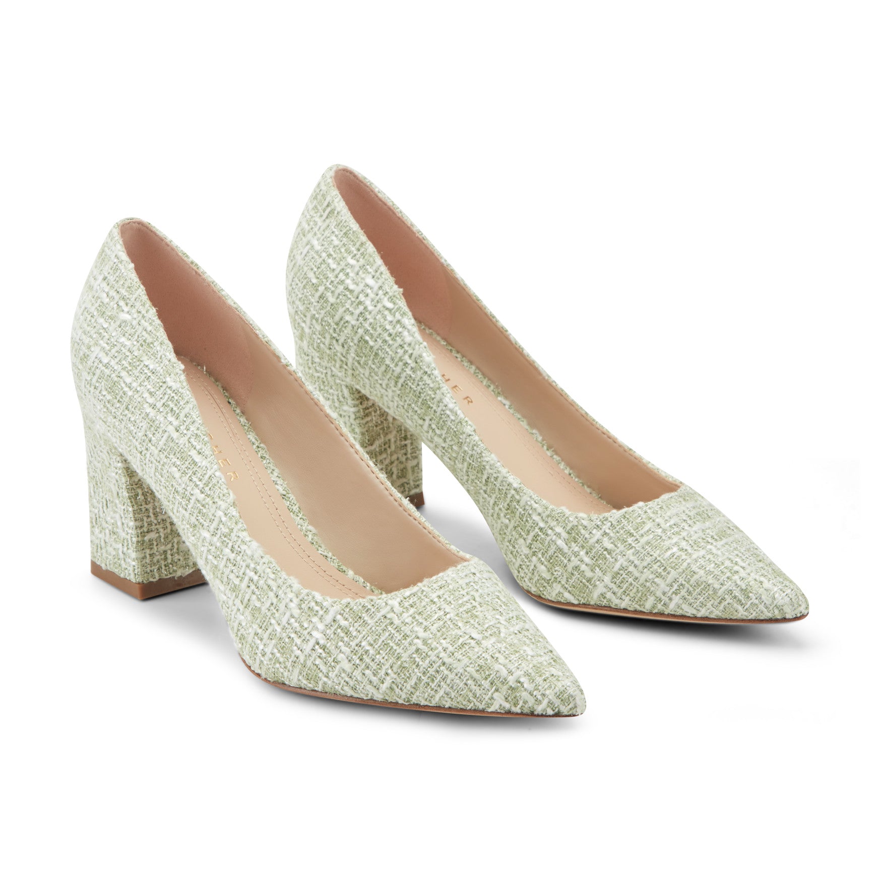 Women's Zala Block Heel Pointy Toe Pump - Green Boucle | Marc Women's Zala Block Heel Pointy Toe Pump - Green Boucle | Marc
